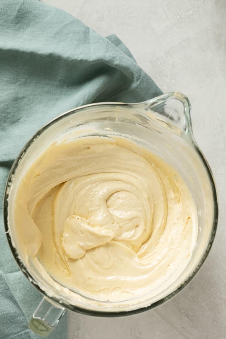 coconut cake batter in mixing bowl