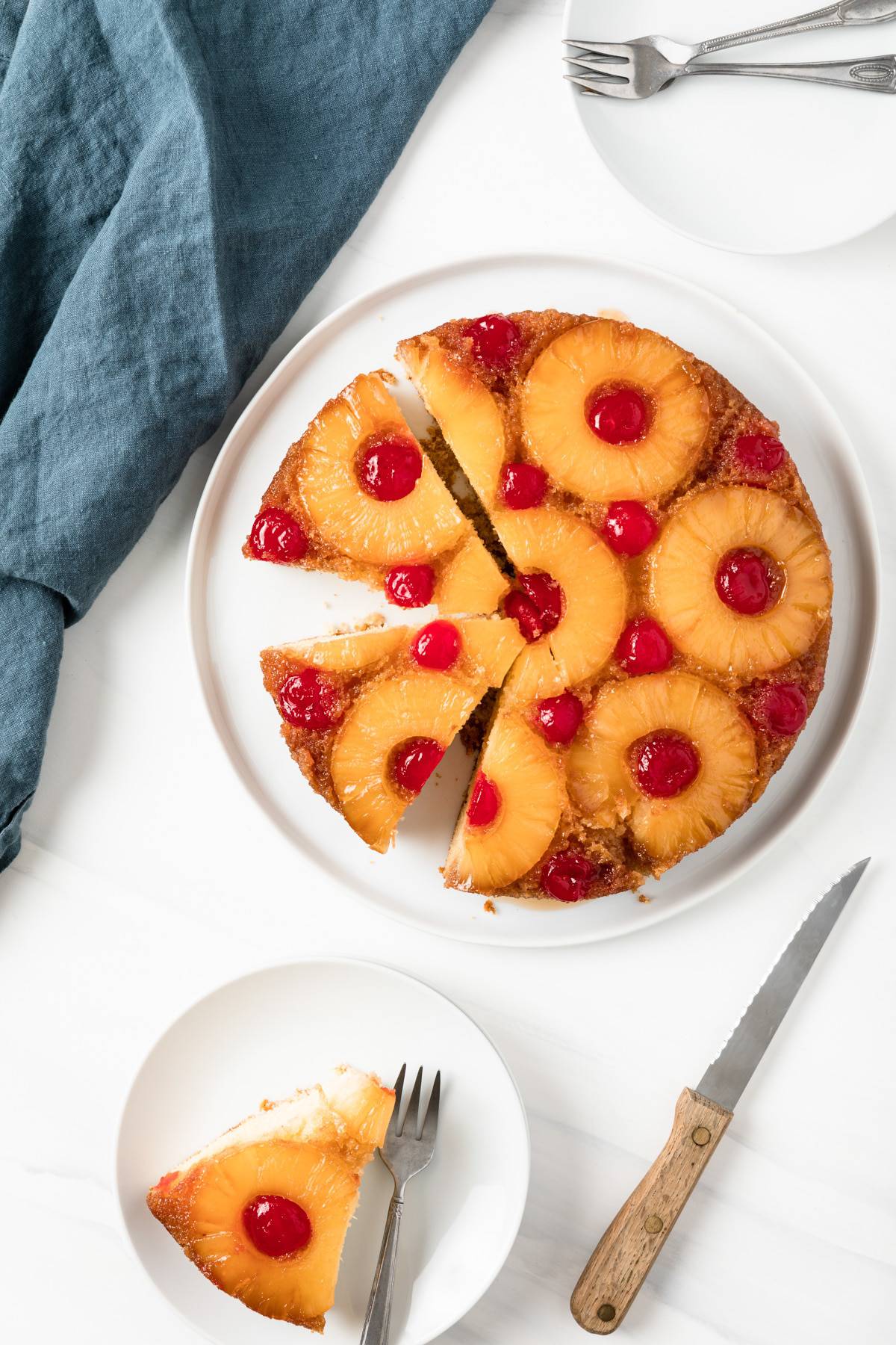 pineapple upside-down cake with slices taken out