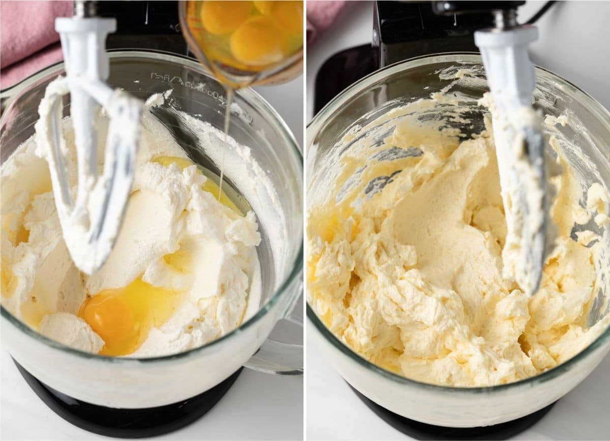 process shots showing eggs added to creamed butter and sugar