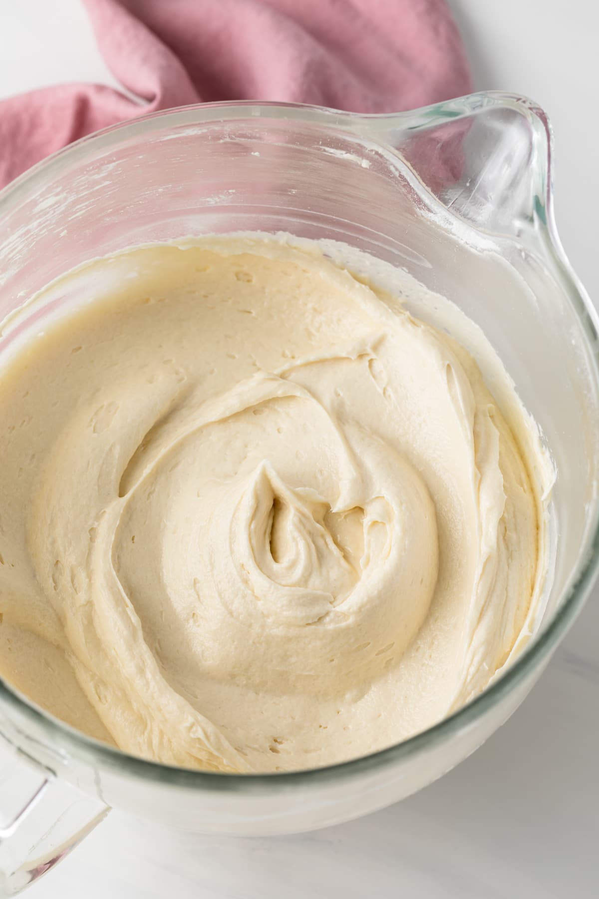 pound cake batter in glass mixing bowl