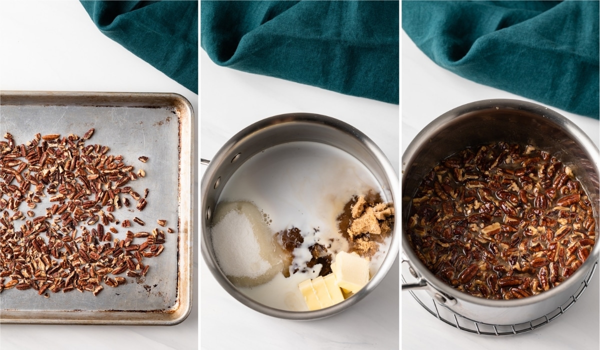 pecans on baking sheet, ingredients for praline base in sauce pan, and praline pecan mixture in saucepan
