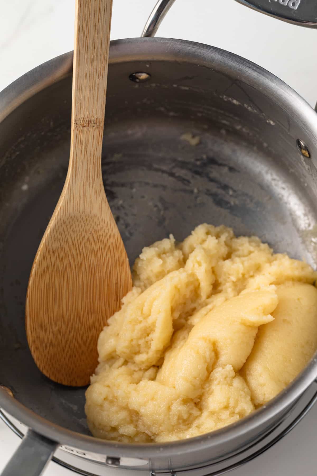 The beginning stages of choux pastry dough.