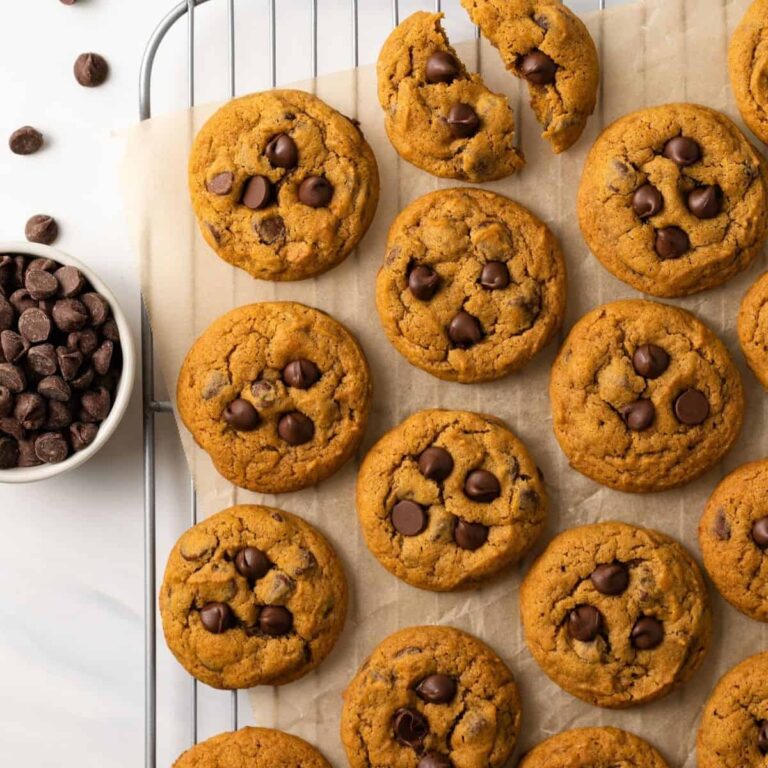 Overhead view of pumpkin chocolate chip cookies on a cooling rack