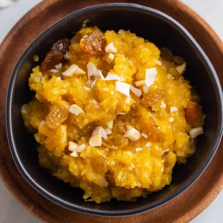 overhead close up of pumpkin coconut halwa