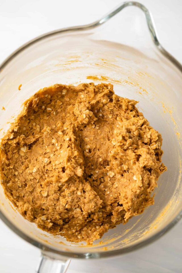 Pumpkin oatmeal cookie dough in a mixing bowl