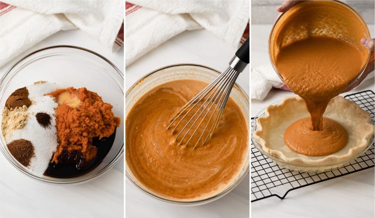 process shots showing how to make pumpkin pie filling