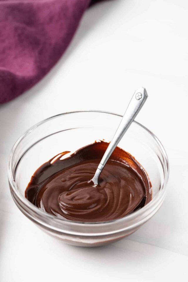 A glass bowl of chocolate ganache