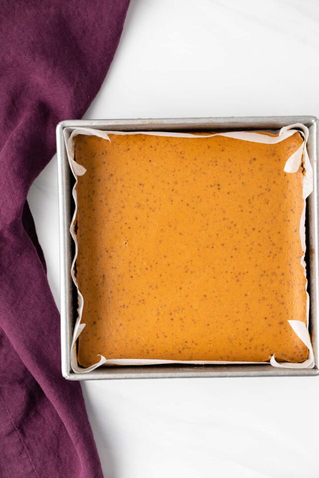 Pumpkin pie bars ready to be baked