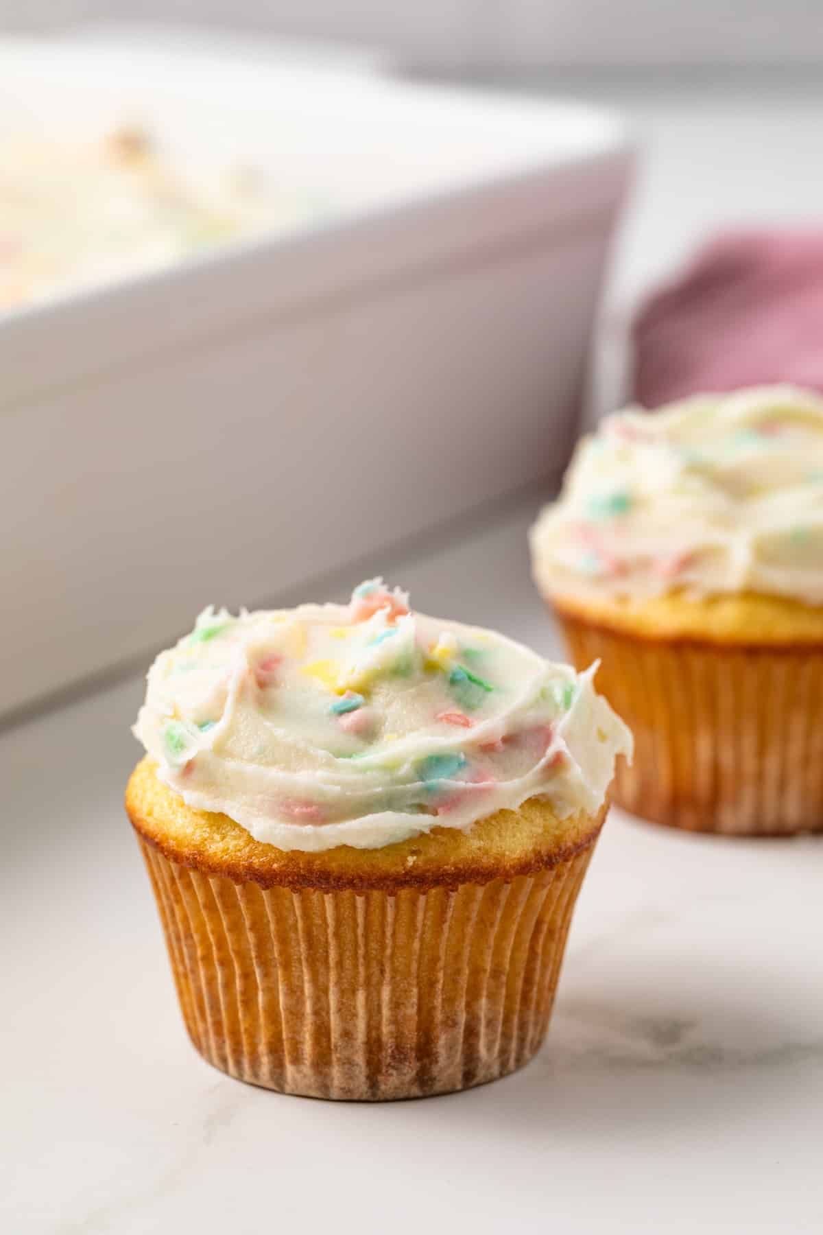 Rainbow chip frosting on cupcakes.