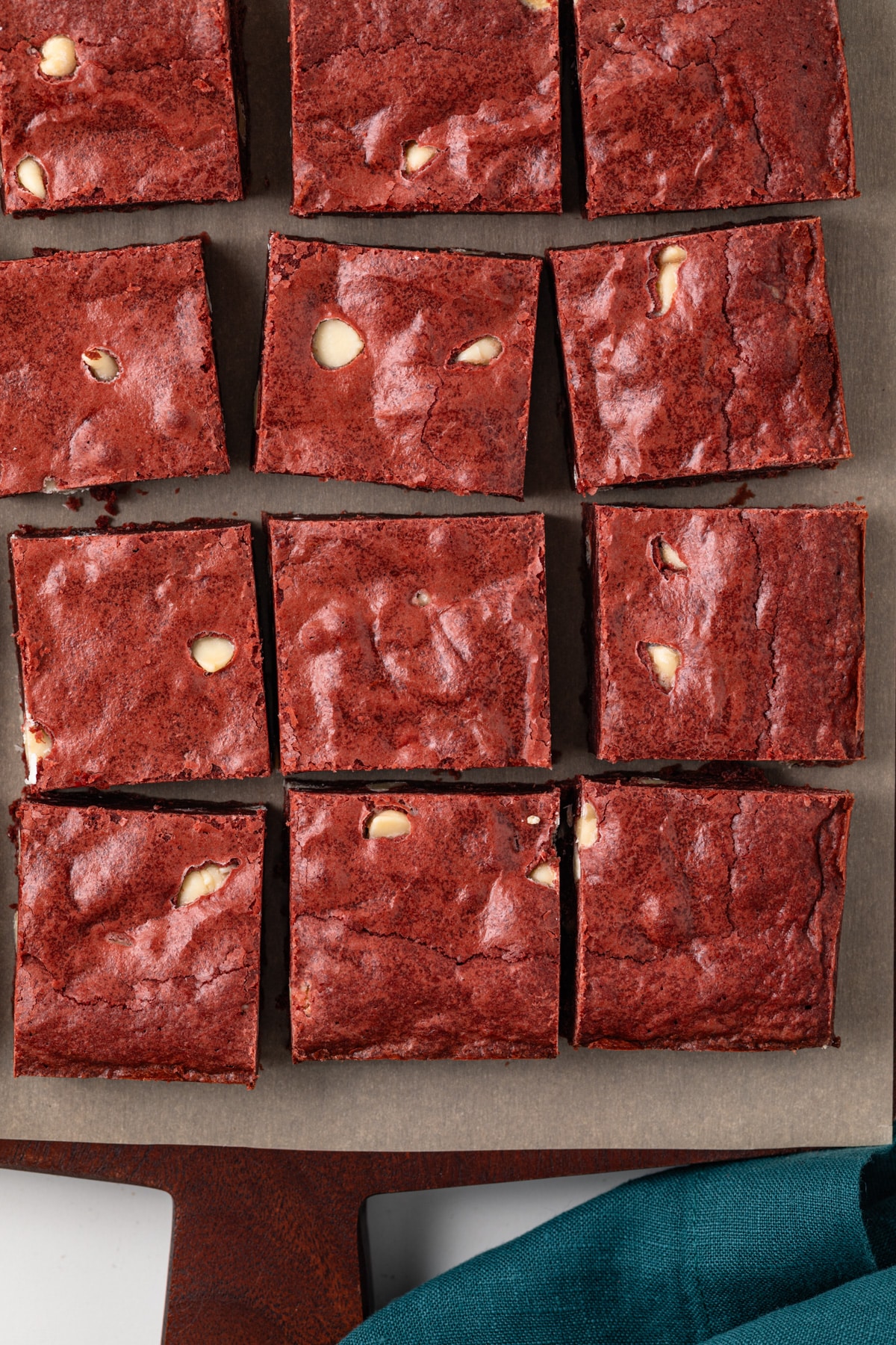 Overhead view of red velvet brownies.