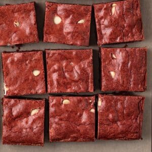 Overhead view of red velvet brownies.