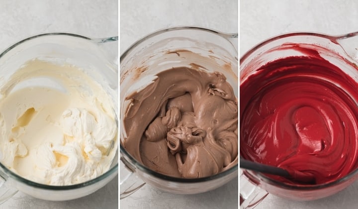 process shots for making red velvet cheesecake batter