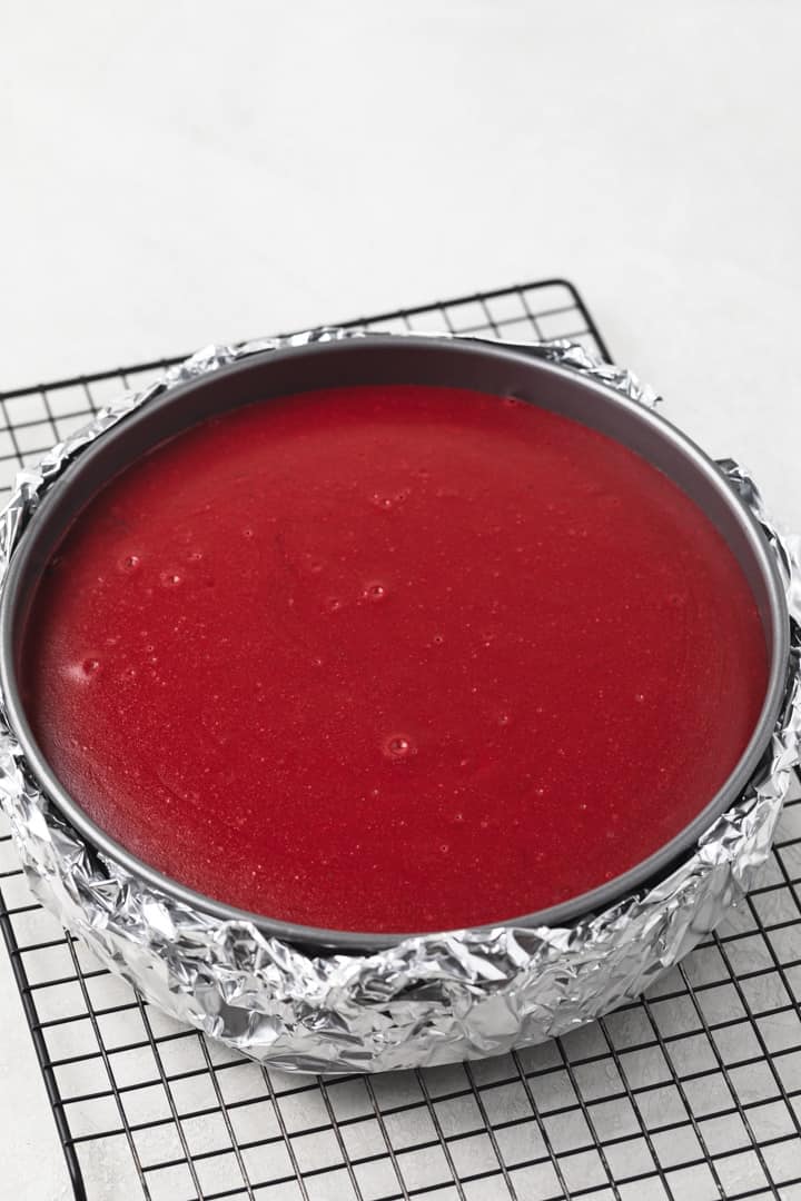baked red velvet cheesecake in pan