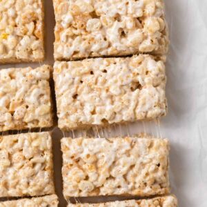 overhead of rice krispie treats cut into bars