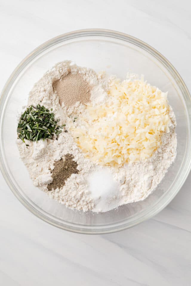 Dry ingredients in a glass bowl.
