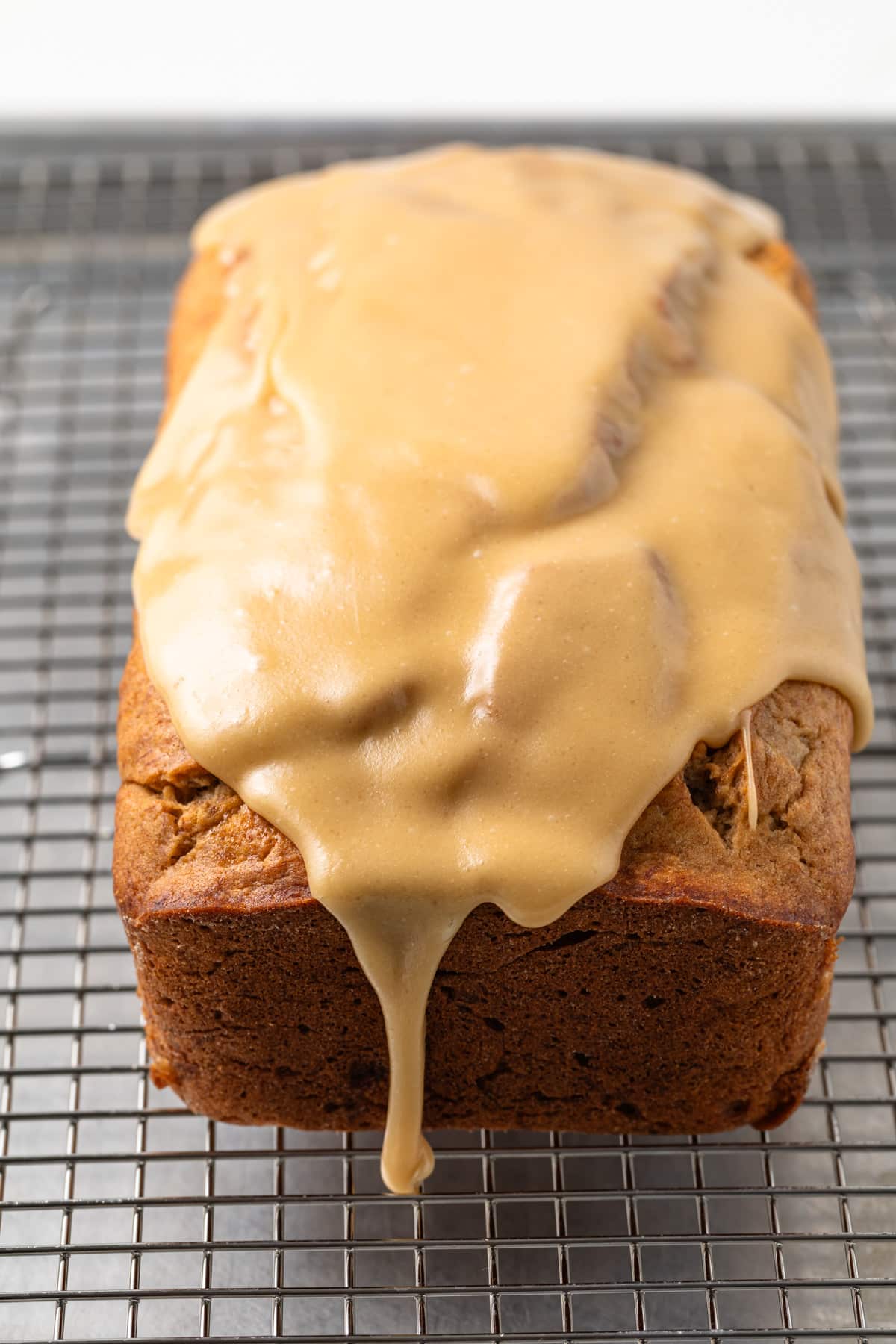 Banana bread drizzled with salted caramel glaze.