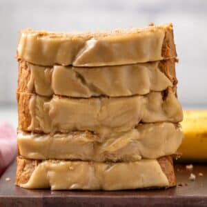 Five slices of salted caramel banana bread stacked.