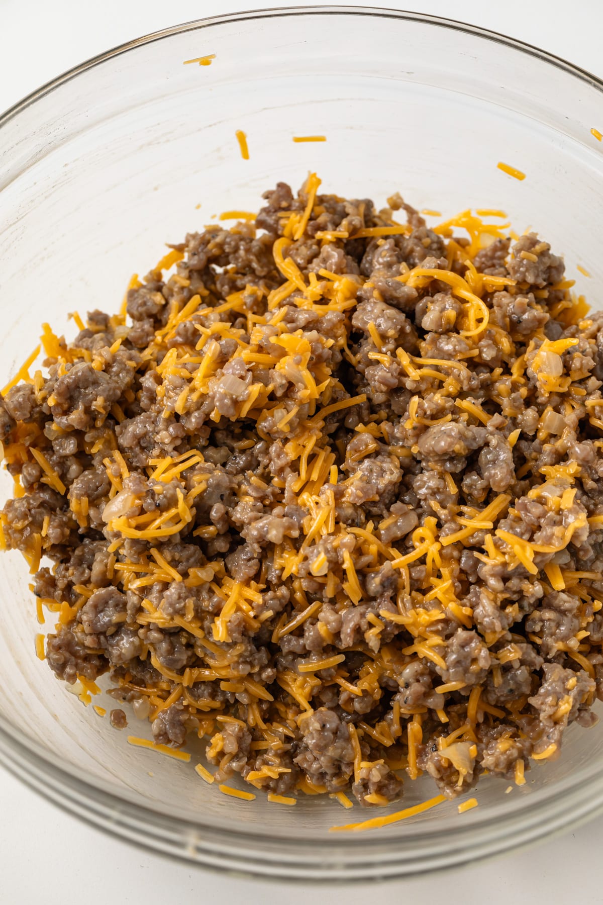 Sausage filling in glass bowl.