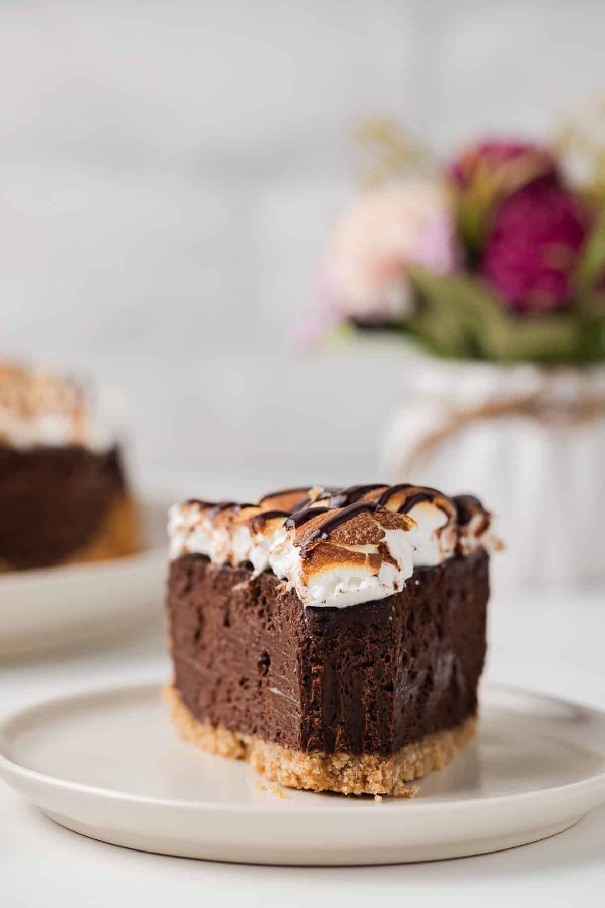 Slice of s'mores cheesecake with a bite taken out.