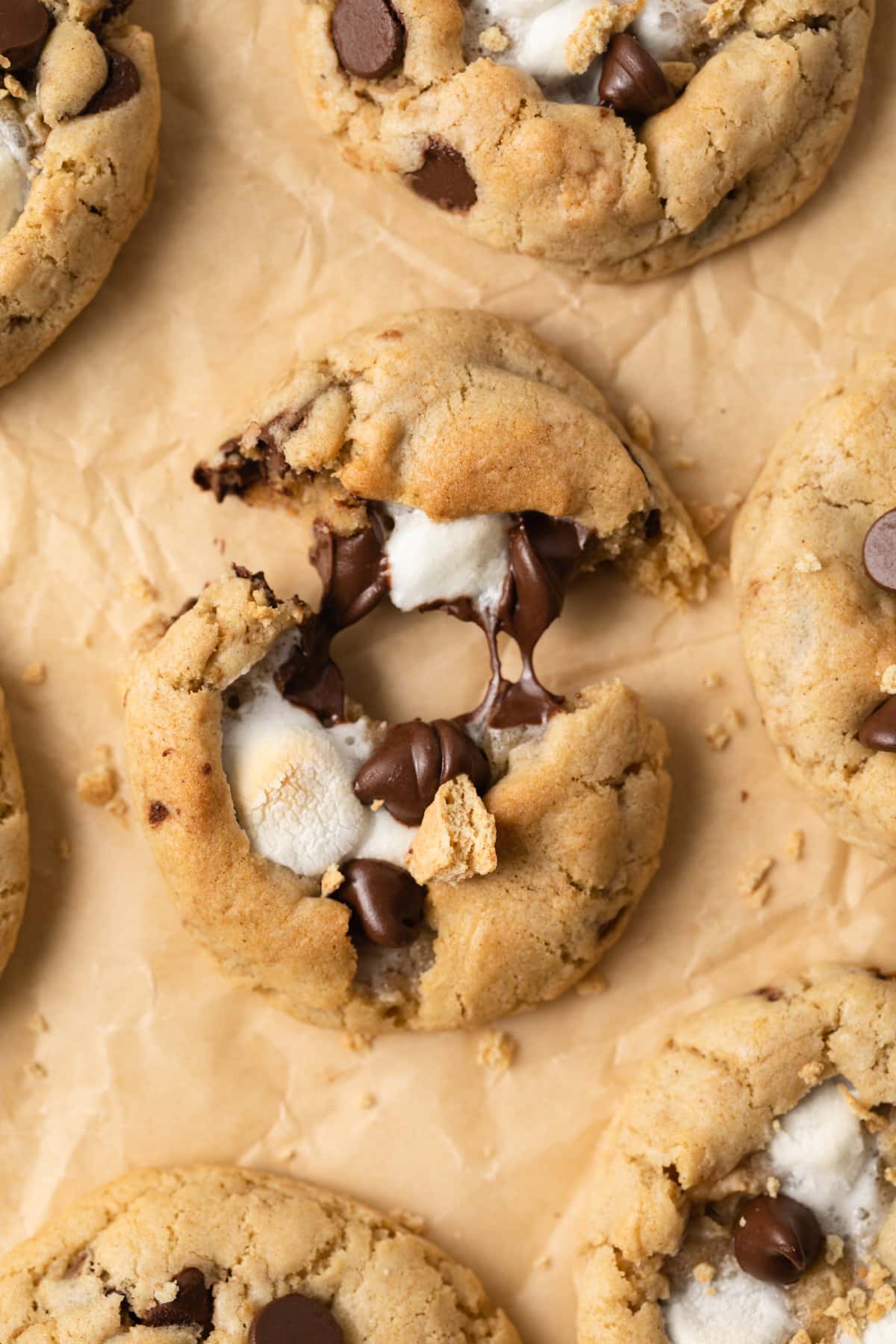 S'mores cookie pulled apart.