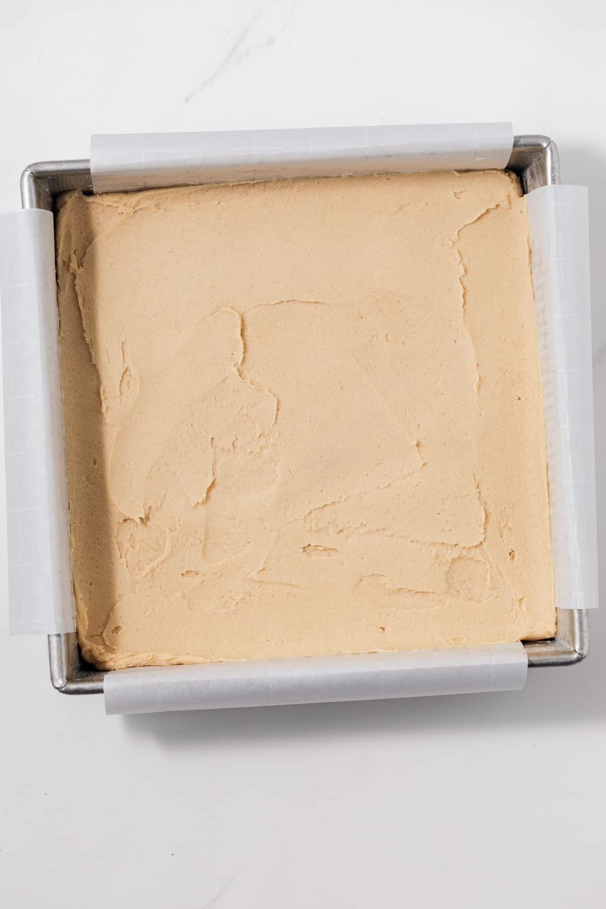 Blondie batter in baking pan.