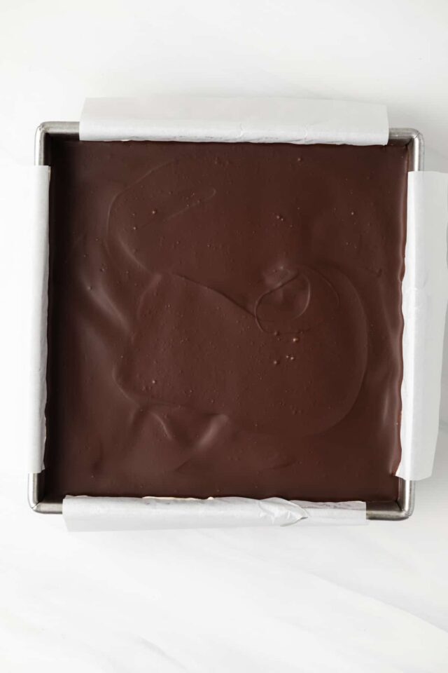 Snickers brownies in a square pan