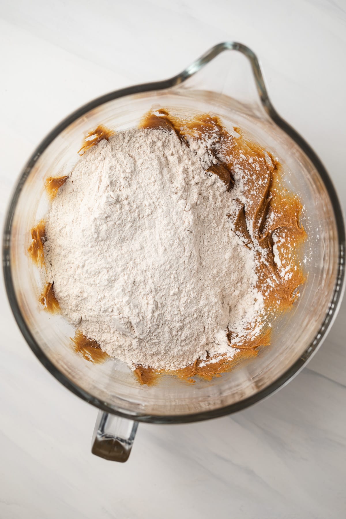 Flour added to wet ingredients.