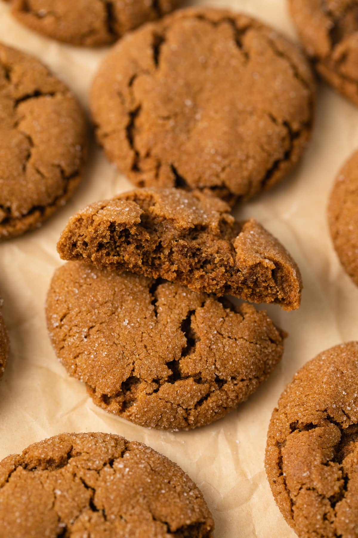 Soft molasses cookie broken in half.
