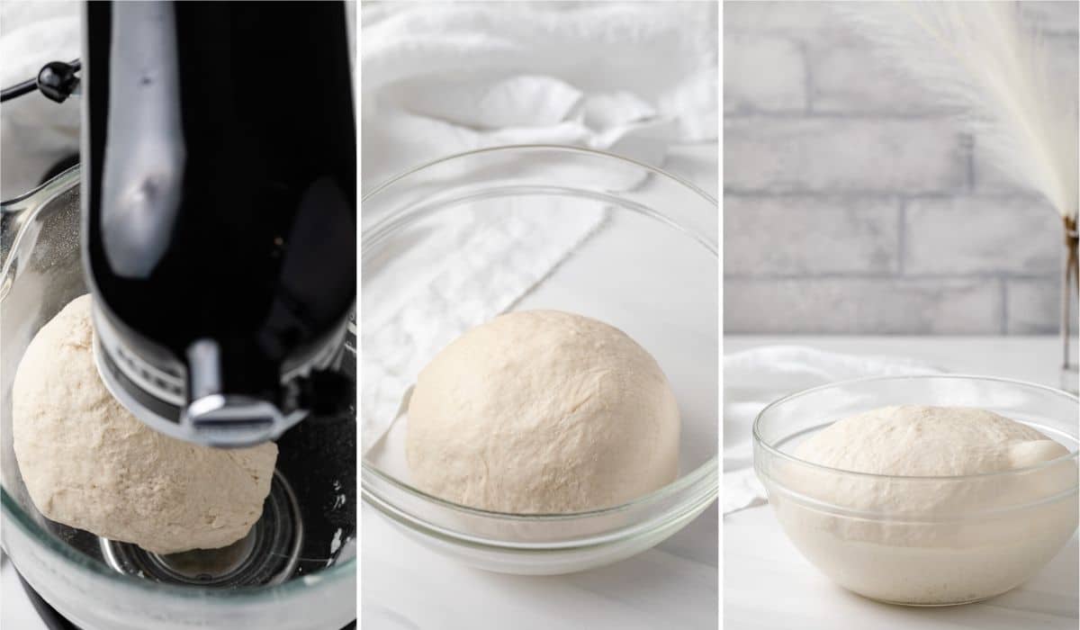 dough in bowl of stand mixer, dough in glass bowl, and proofed dough in glass bowl