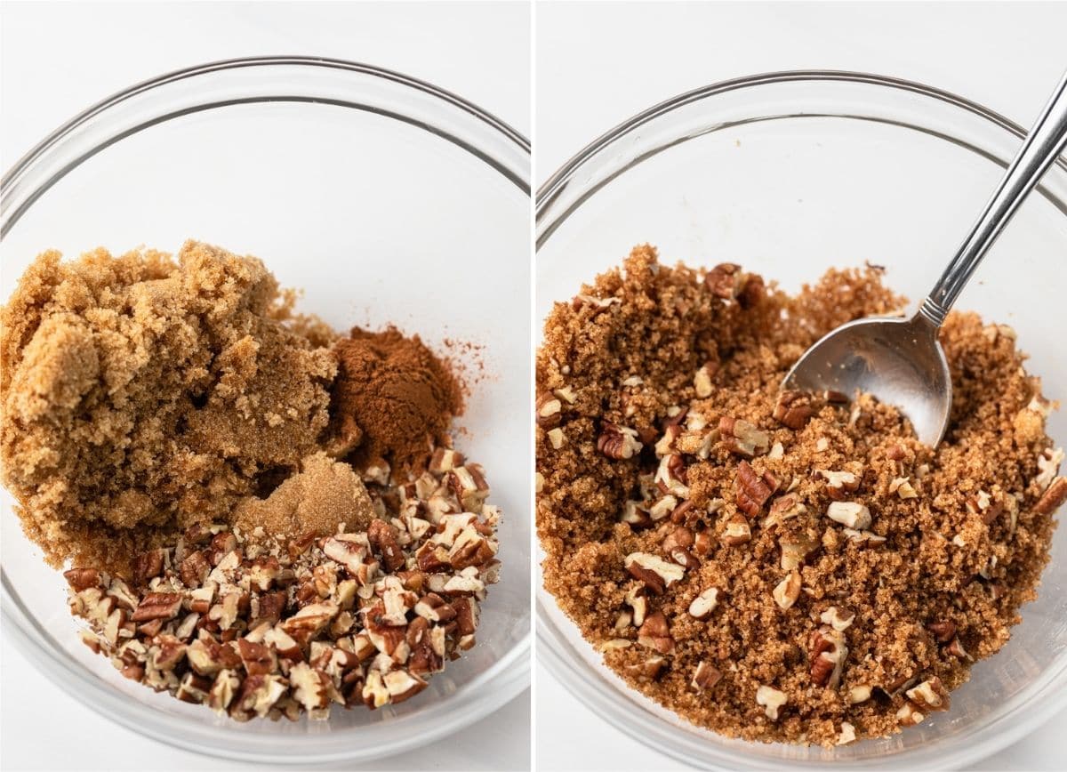 brown sugar, pecans, and cinnamon a glass bowl, unmixed and mixed