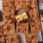overhead of sour cream coffee cake on serving platter