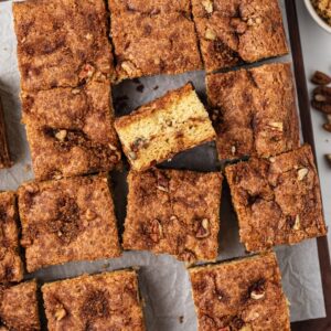 overhead of sour cream coffee cake on serving platter