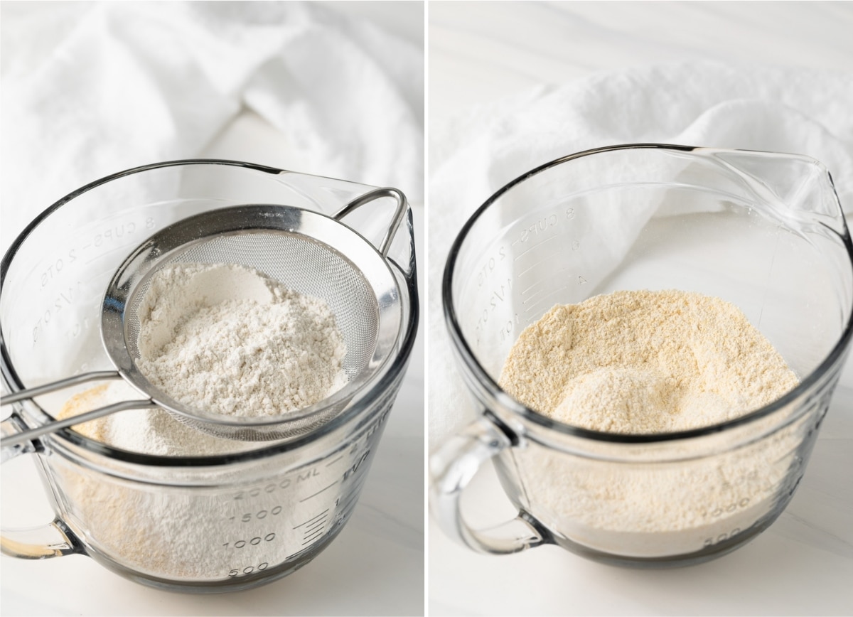 two process shots showing dry ingredients being sifted together
