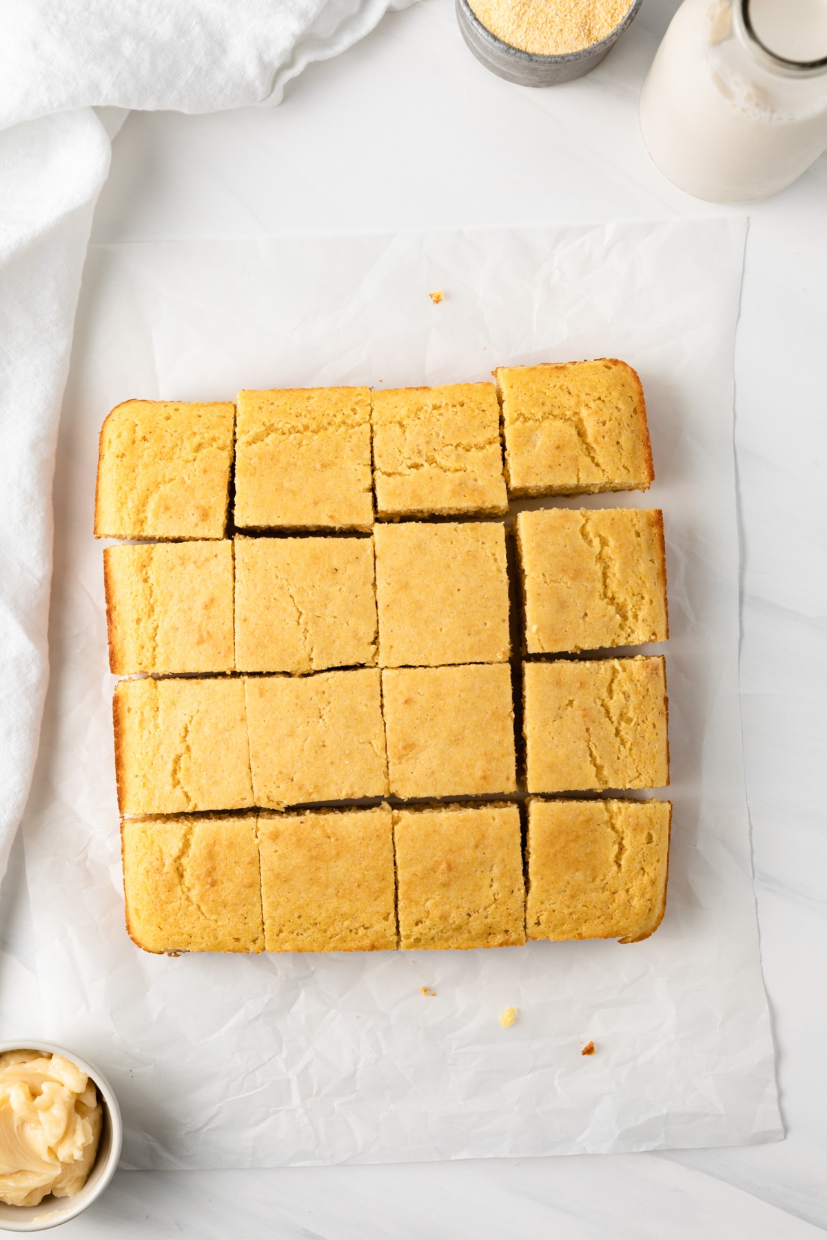 overhead of southern cornbread sliced into squares