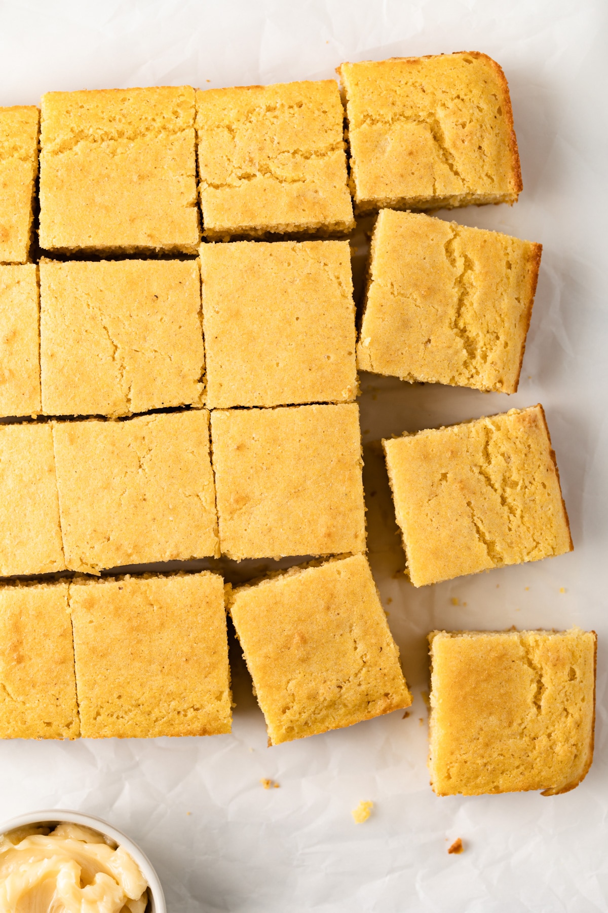 close up of southern cornbread sliced into squares