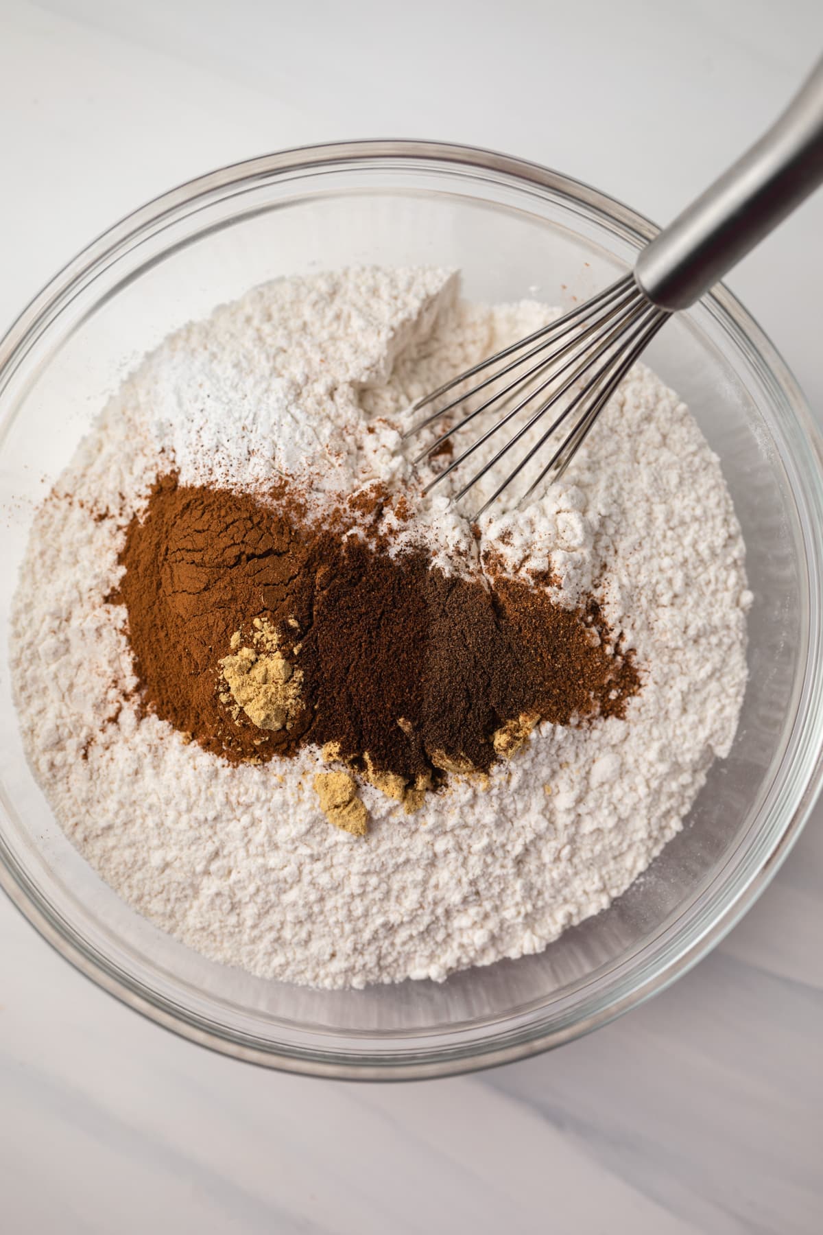 Dry ingredients in glass bowl.