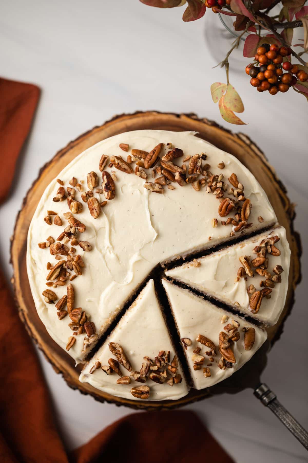 Overhead of spice cake sliced.