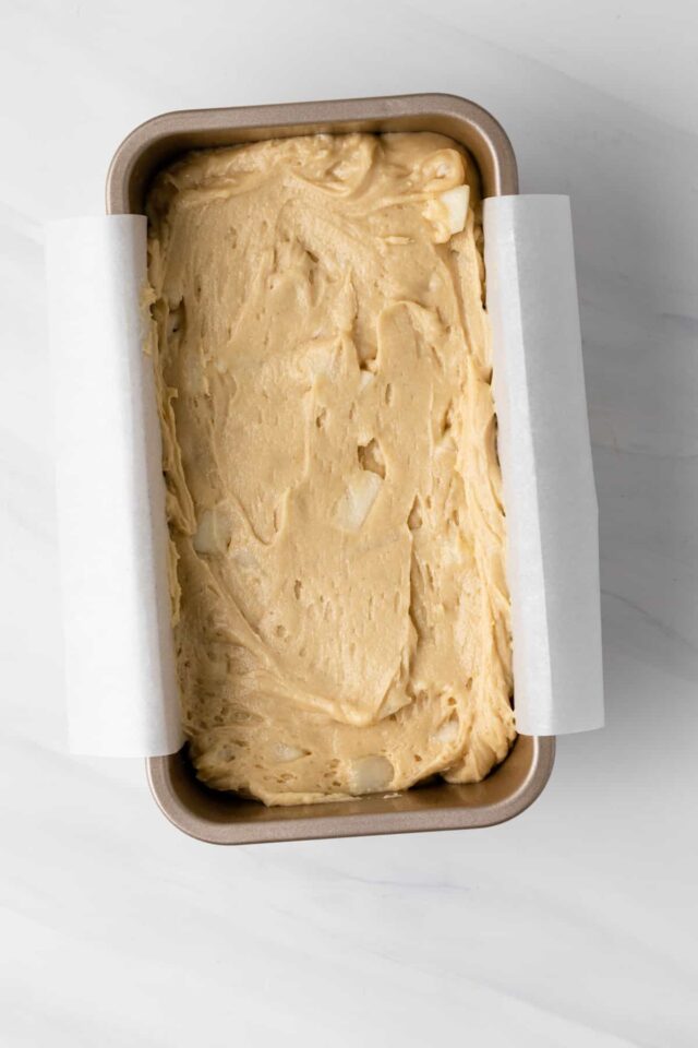 Spiced pear bread batter ready to bake