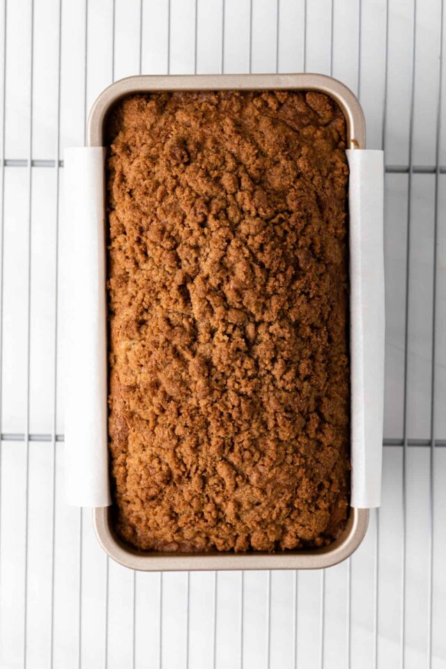 Freshly baked pear bread on a wire rack