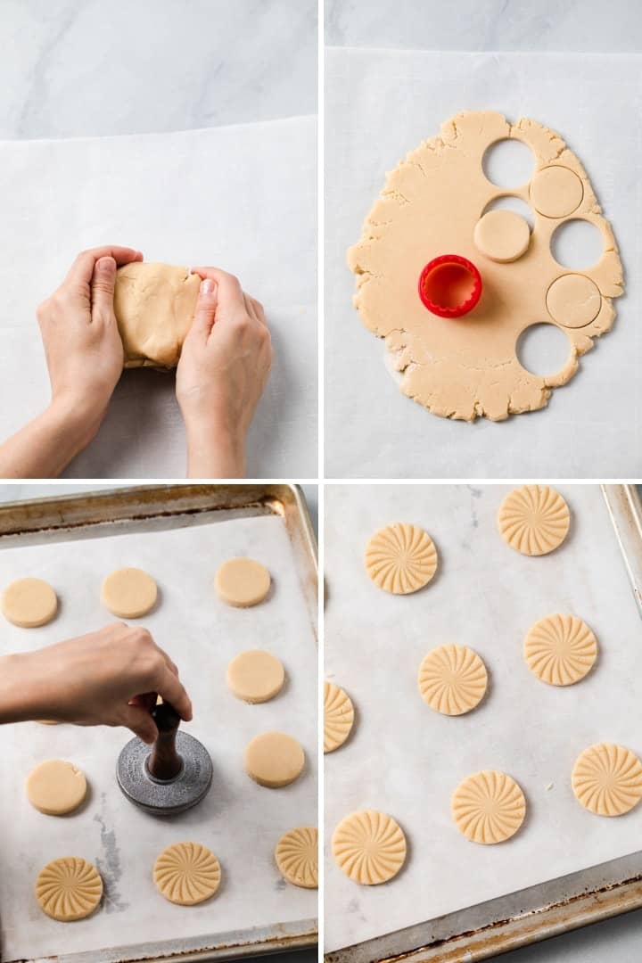 shortbread cookies being shaped and stamped