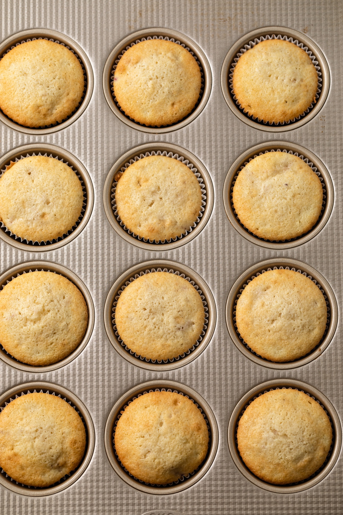 Baked cupcakes in a muffin pan.