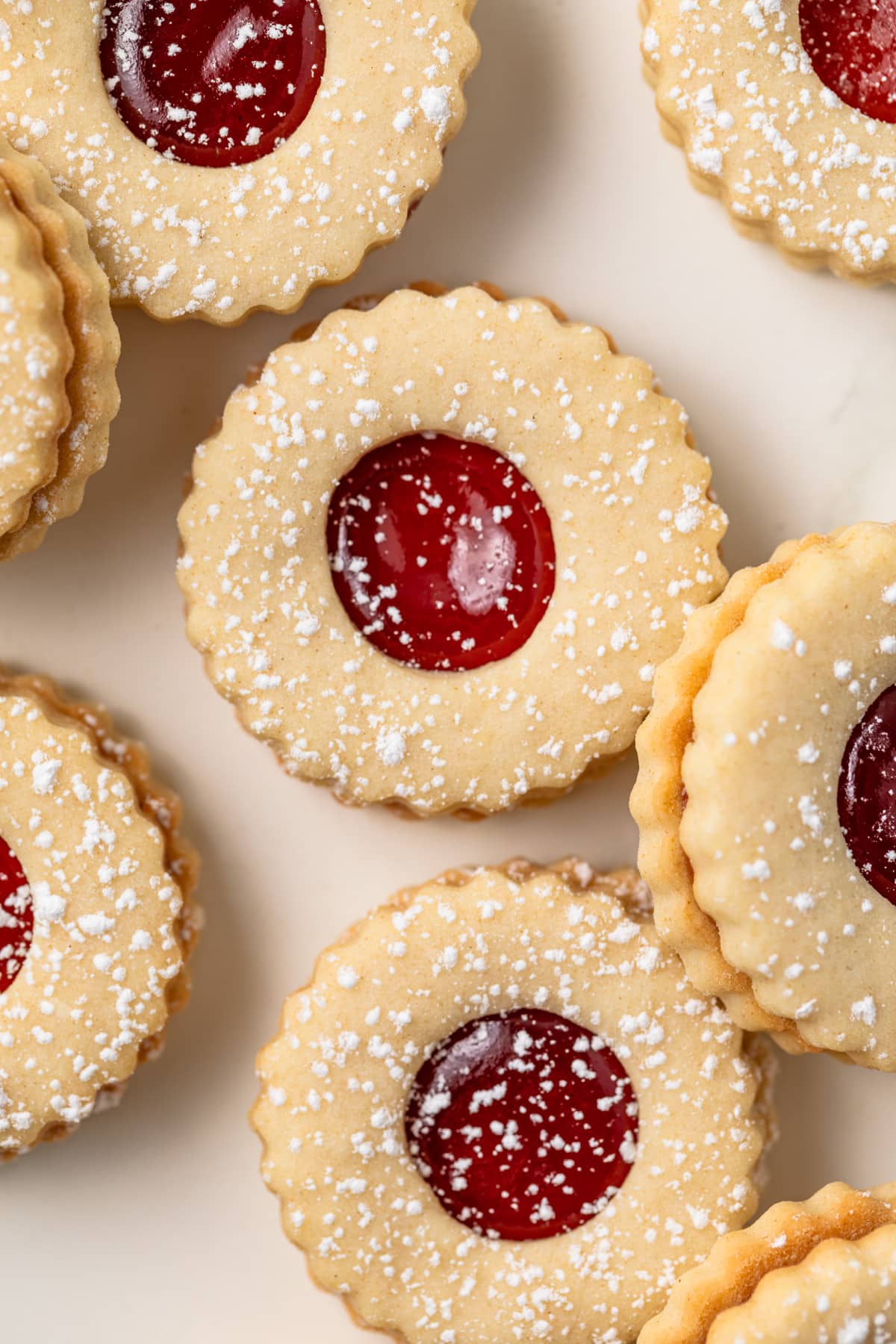Close up of strawberry linzer cookies.