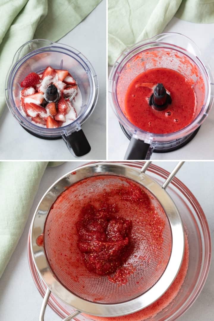 process shots of pureed strawberries for jam