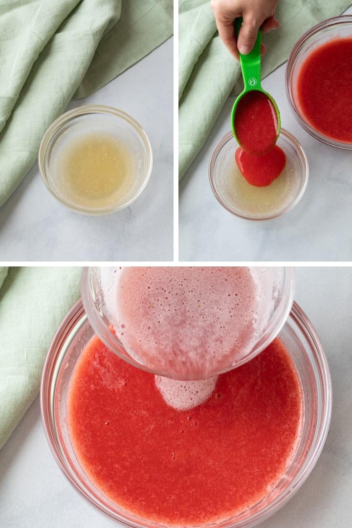 process shots for adding gelatin to strawberry puree