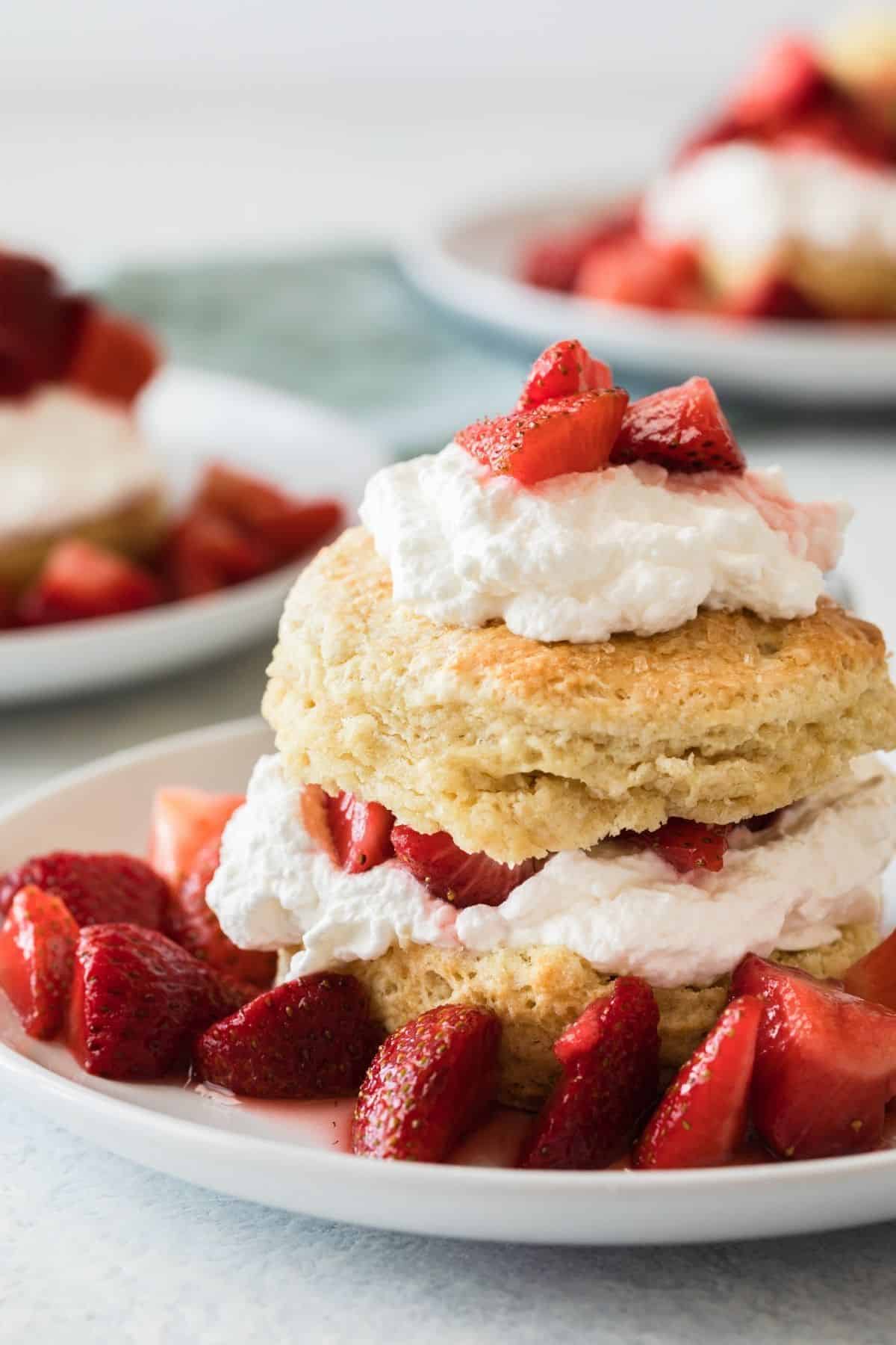 side view of strawberry shortcake on a white plate