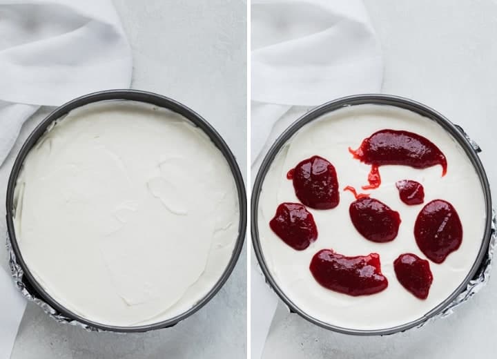 strawberry jam dolloped on top of cheesecake
