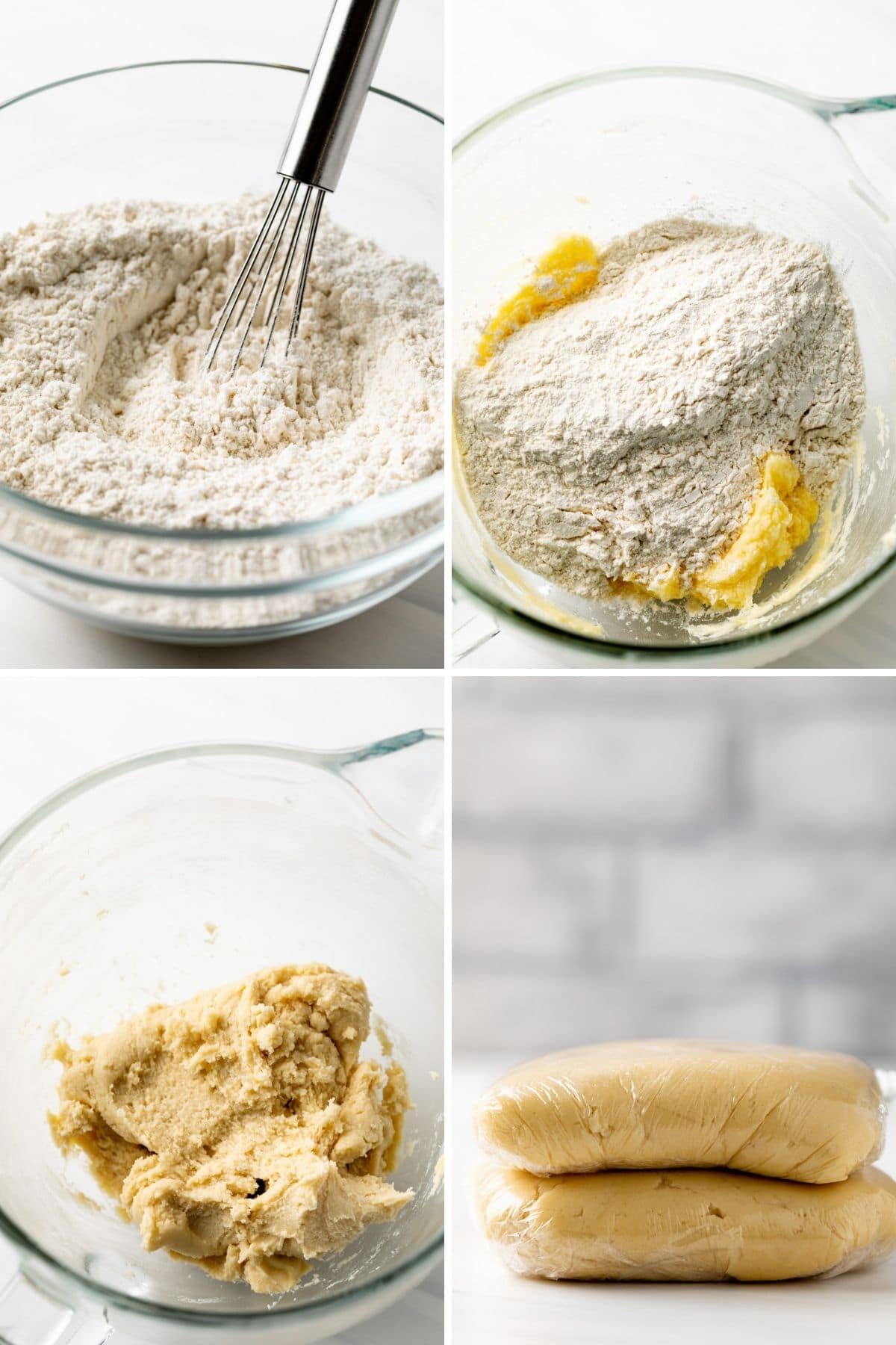 process shots showing flour being mixed into sugar cookie dough and disks of dough wrapped in plastic wrap
