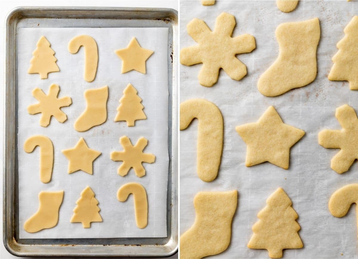 tray of unbaked sugar cookies next to tray of baked sugar cookies