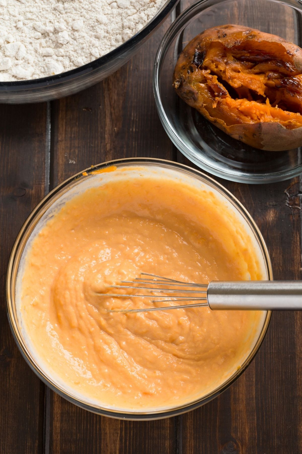 Sweet potato puree mixture in a glass bowl.