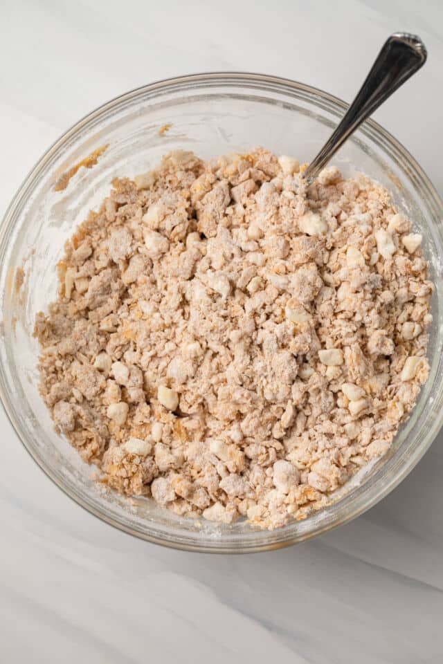 Shaggy scone dough in mixing bowl.